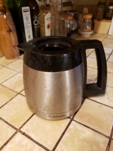 Although it's vaguely sinister, the carafe from a Cuisinart drip coffee maker does an excellent job of holding pour-over coffee, as the pouring takes place in the brew basket and not the carafe.